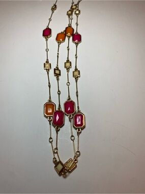 Gold Chain Necklace with Pink and Orange Gem Accents
